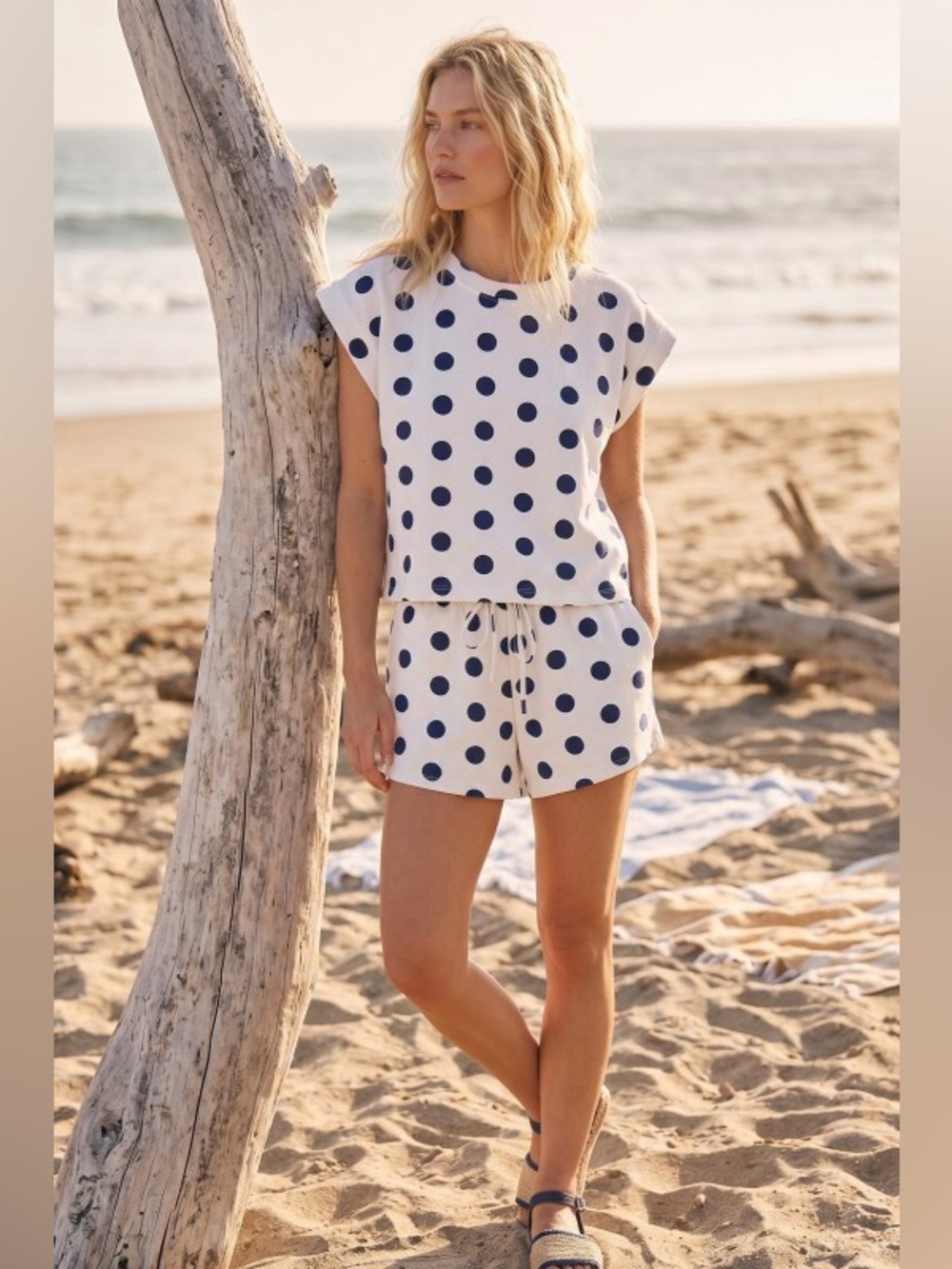 Sewn + Seen Varsity Scuba Material Short SET. White with dark Navy Dots. NWT